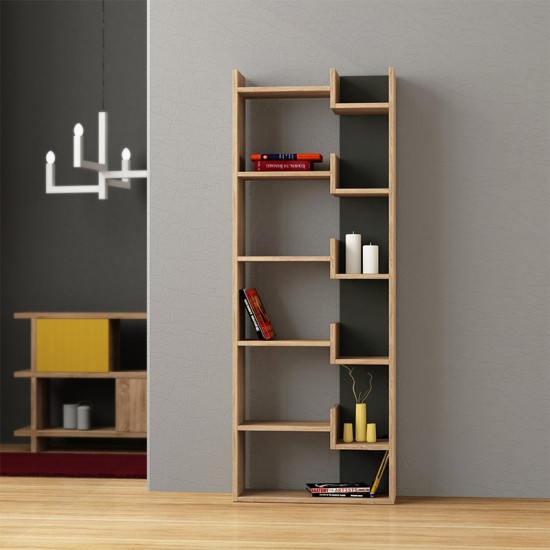 Βιβλιοθήκη Oppa Megapap χρώμα sapphire oak/ανθρακί 60x22x162εκ.