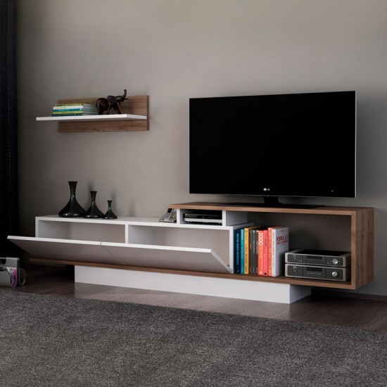 Έπιπλο τηλεόρασης Novara Megapap χρώμα λευκό - καρυδί 180x29,6x45εκ.